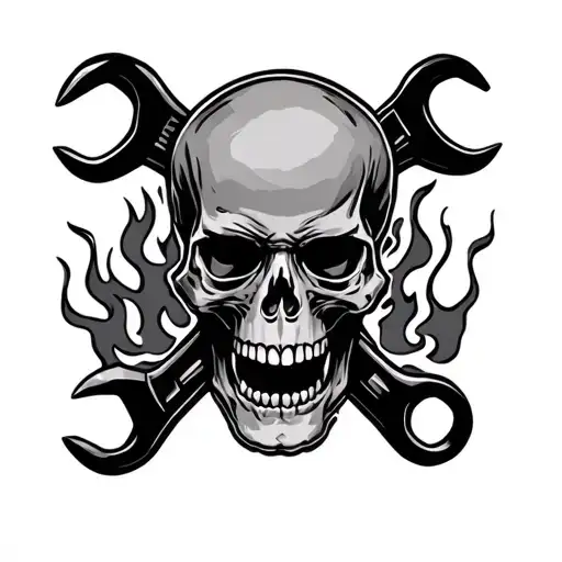Skull And Wrenches With Flames Surrounding