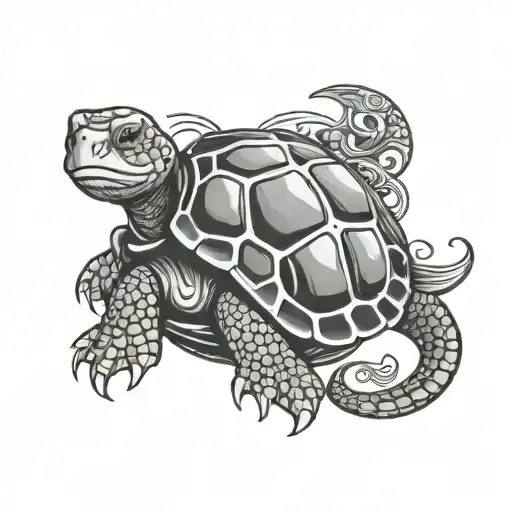 Funny Turtle With Shell Yin And Yang Represented By Tiger And Dragon