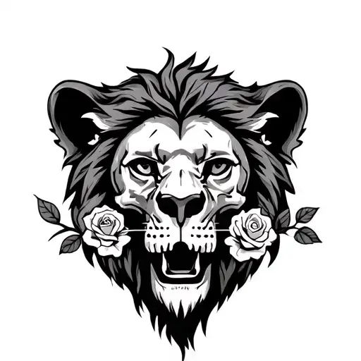 A Lion With A Skull In Its Mouth With A Rose In The Skulls Mouth