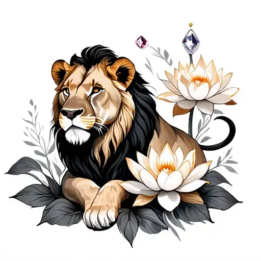 Lioness With Jewel And Lotus Flowers Growing