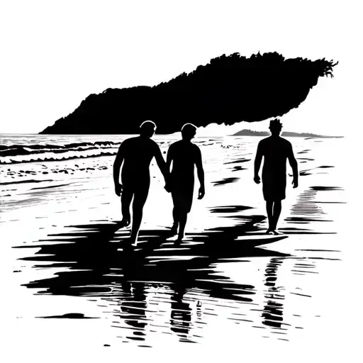 Dad And Two Sons Walking On The Beach