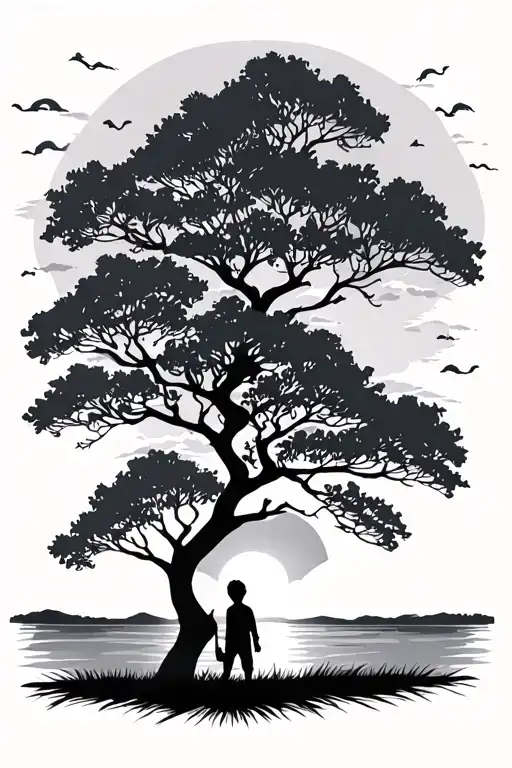 Tree With A Little Boy Silhouette Under It With Sunset