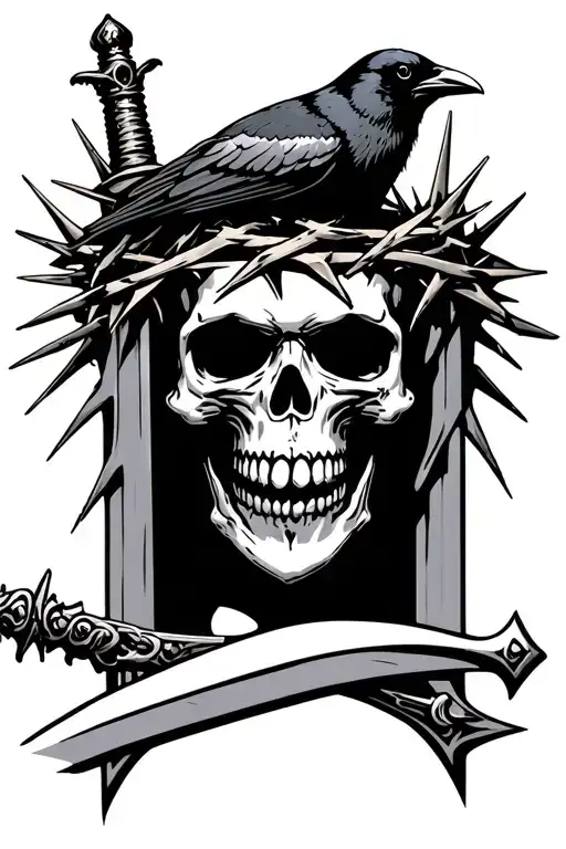 Skull Wearing A Crown Of Thorns With A Sword Going Through It With A Crow On Top Of The Sword