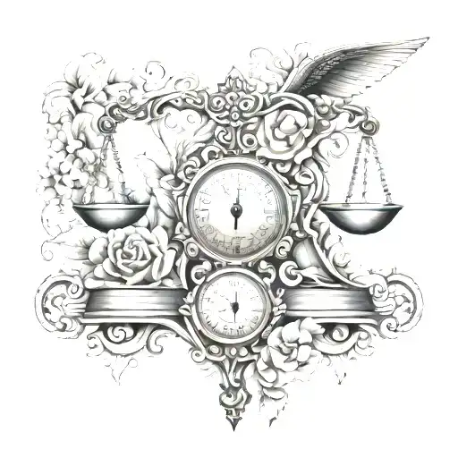 An Intricate Design Of Balance Scales Intertwined With Floral Patterns