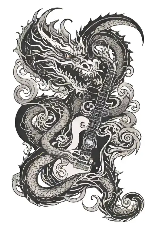 A Black And White Dragon Tattoo Curls Around The Neck Of The Guitar