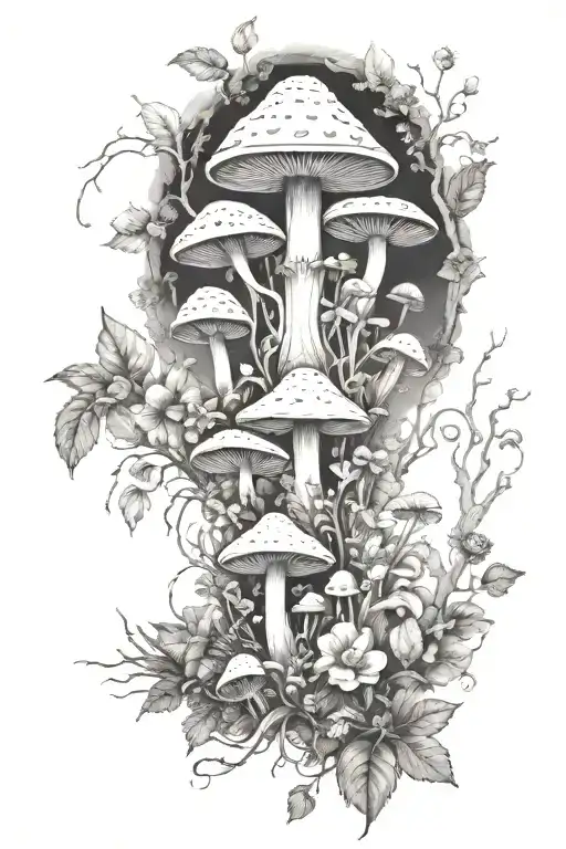 A Mystical Forest Scene With A Variety Of Mushrooms And Herbs Intertwined With Flowers And Vines