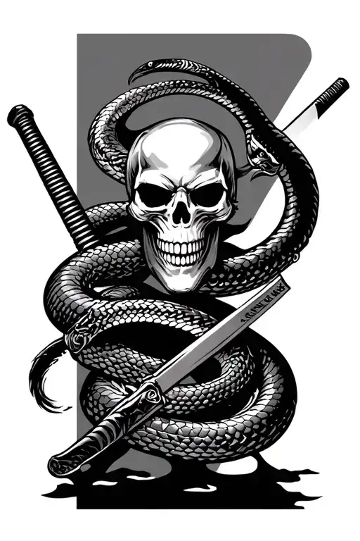 Skull Samurai And Katana Wrapped By Cobra