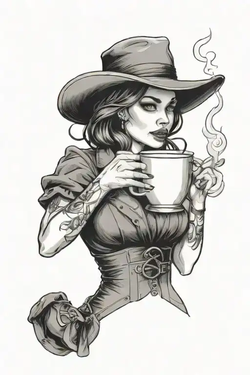 A Female Beat Poet Holding A Steaming Cup Of Coffee In A Dark And Moody Black-grey Style