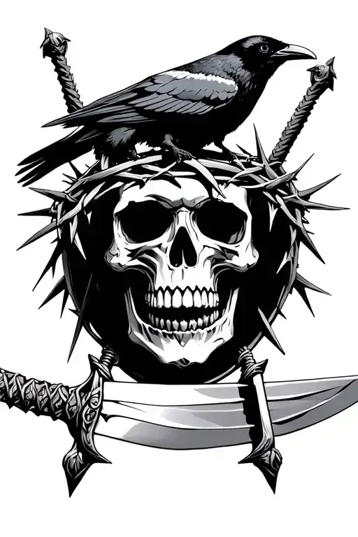Skull Wearing A Crown Of Thorns With A Sword Going Through It With A Crow On Top Of The Sword