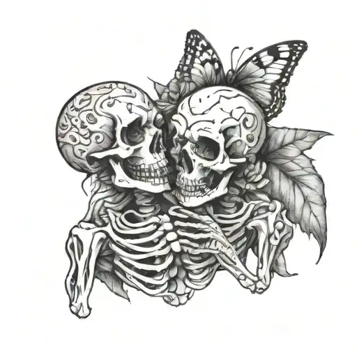 Two Skeleton Holding Eachother With Spider And Moths Around Them