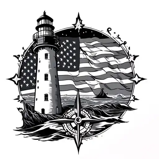 Lighthouse And Anchor And Compass Rose And American Flag