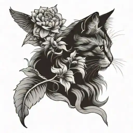 Cat Wrapping Tail Around A Dahlia Flower With A Finch Resting On The Stem