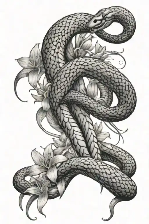 Two Headed Cobra Coiling Around Spider Lily Flower