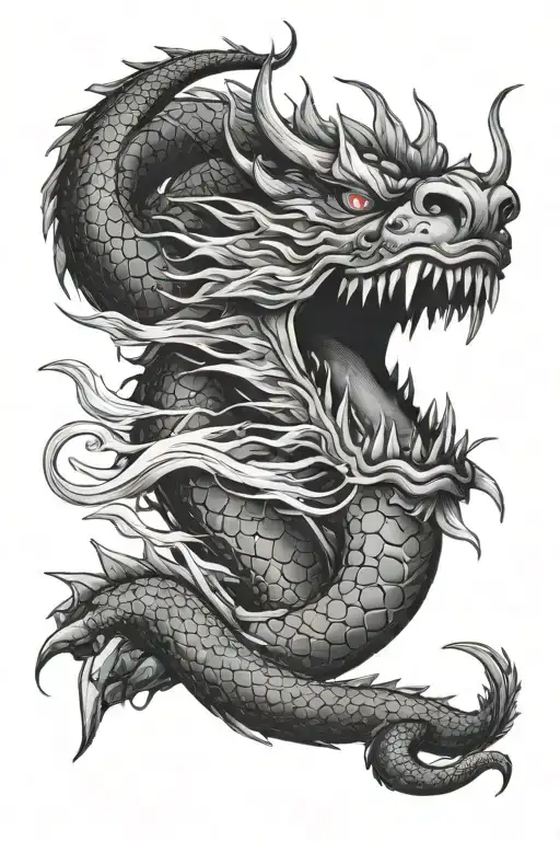 Japanese Dragon With Angry Face And Catana In His Mouth