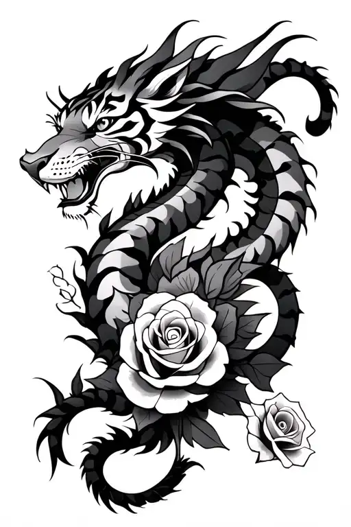 Dragon And Tiger With A Rose On The Hand