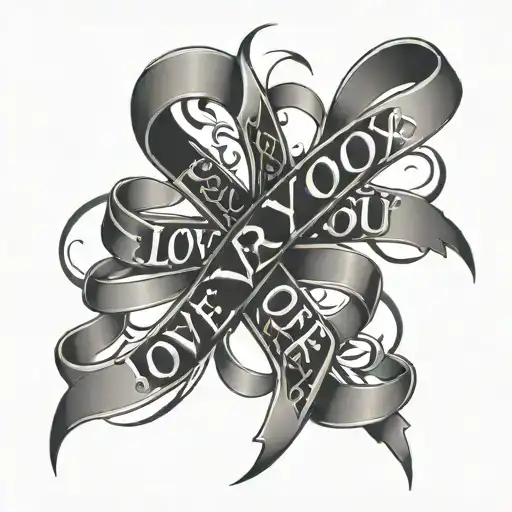 Abstract Black-grey Tattoo Featuring The Words 'Love You More' Intertwined With A Cancer Ribbon