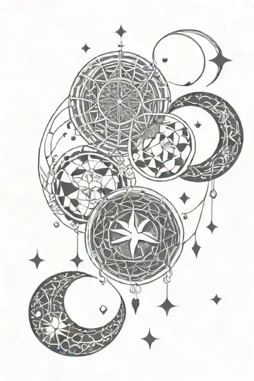 A Triple Moon Design With Intricate Geometric Patterns Interwoven Within Each Moon Phase