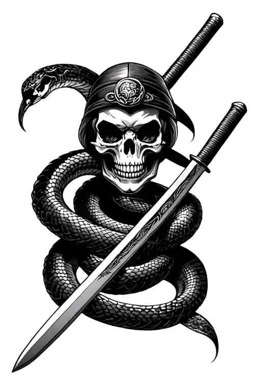 Skull Samurai And Katana Wrapped By Cobra