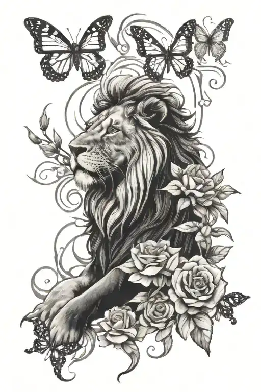 Lion And Butterfly And Roses