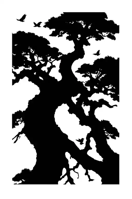 Tree Branches With Small Birds Flying Above