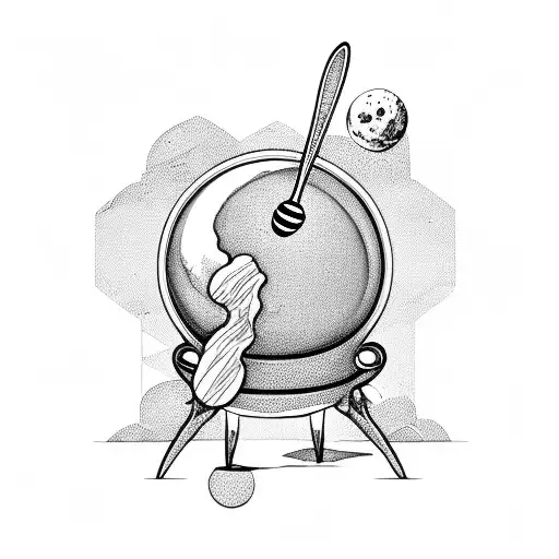 Tea Cup With A Honey On A Spoon And On The Moon And A Satellite In The Sky