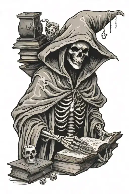 Robed Skeleton With A Hood Holding A Book In One Hand And Floating Dice In The Other