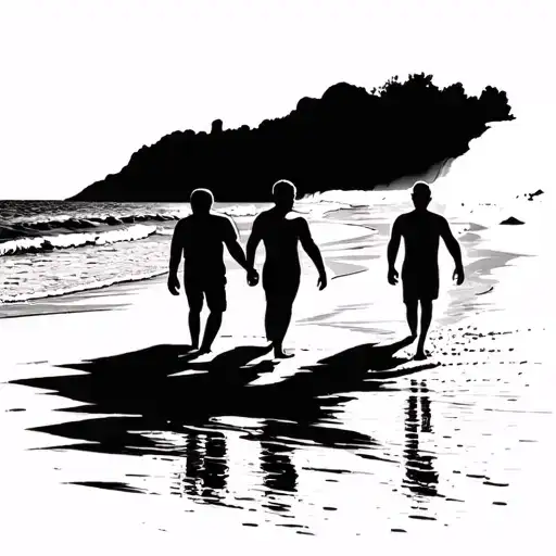 Dad And Two Sons Walking On The Beach