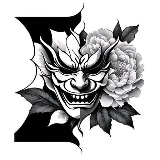 Oni Mask Broken Into 3 Pieces With Peony Flower Intertwined