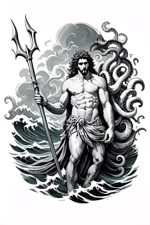Poseidon With Trident And Octopus Legs On Waves Crashing In The Background But Trident On Him Hand