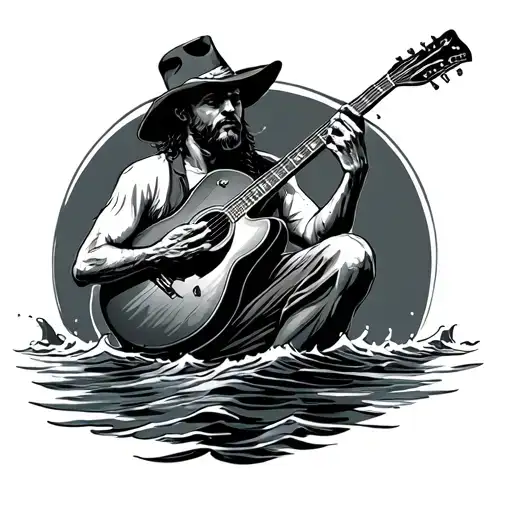 Man Who Plays The Guitar On A Boat In The Sea