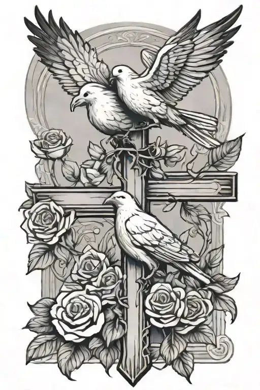 Dove And Raven Perched On Cross With Roses