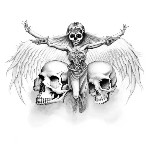 Half Angel Half Devil With Spread Arms And A Skull For A Head