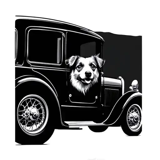 Incorporate A Dog's Face Into The Design Of A Vintage Car In A Black-grey Style