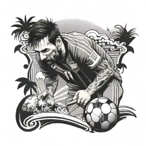 A Detailed Portrait Of Lionel Messi With A Background Of A Serene Tropical Beach