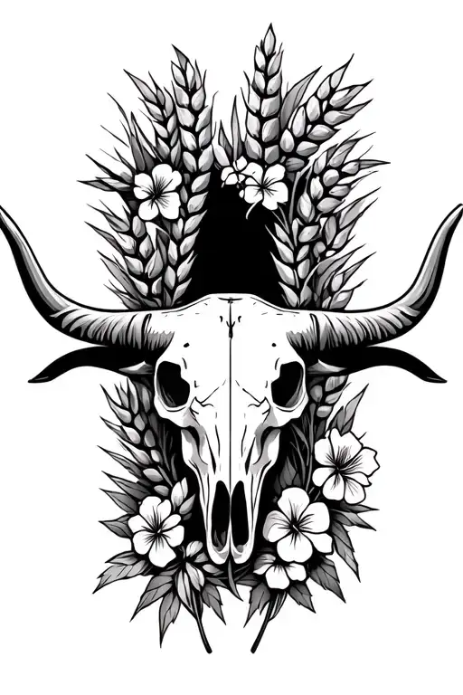 Western Patterns With Longhorn Skull With Wheat And Flowers Around It
