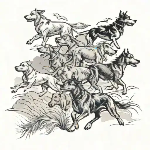 A Black And Grey Tattoo Of A Pack Of Dogs Running Through A Countryside Landscape