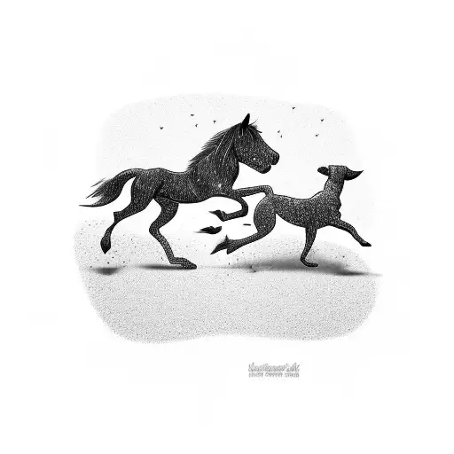 A Silhouette Of A Horse And A Dog Running Together On A Beach At Sunset