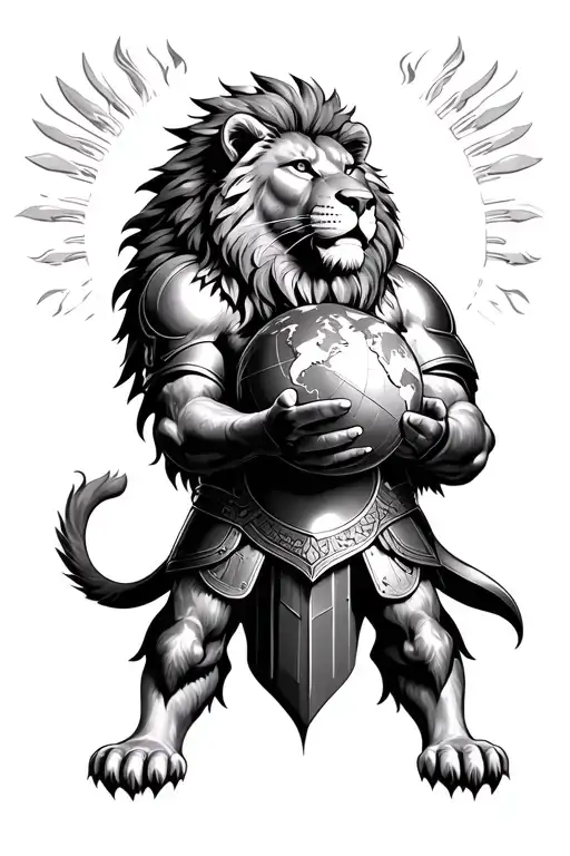 A Lion Wearing A Roman Armor Holding The World In His Hands