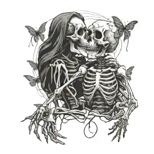 Two Skeleton Holding Eachother And Kissing With Spider And Moths Around Them