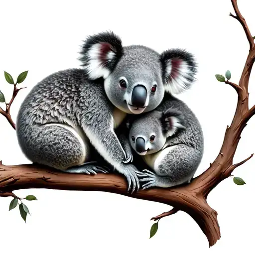 Two Mother And Baby Koalas Entwined On A Branch