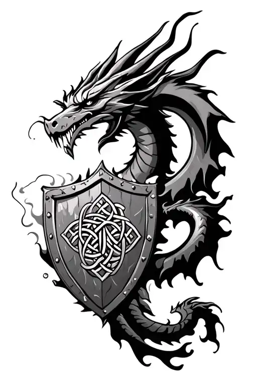 Celtic Shield Symbol Surrounded By A Dragon Breathing Fire
