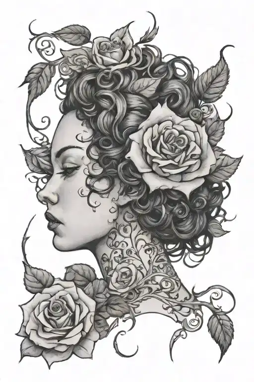 Plus Size Woman With Curly Hair Wrapped In Rose Vines And Thorns Wrapped