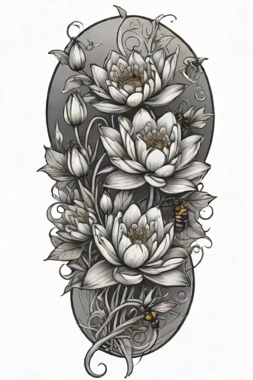 Water Lily Poppy Flowers Intertwined With Bee Flying