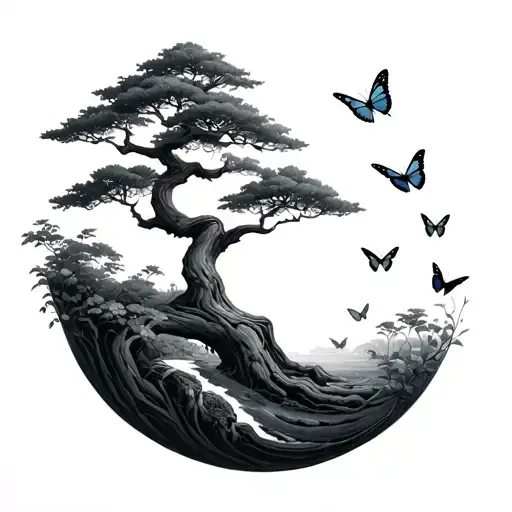 Bonsai Tree Of Life With Butterflies Flying