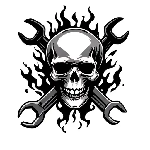 Skull And Wrenches With Flames Surrounding