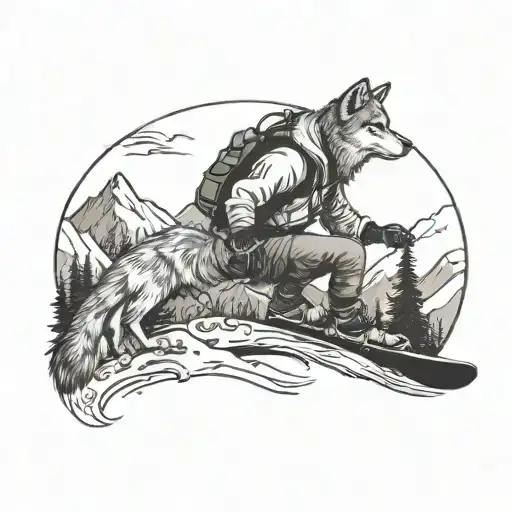Snowboarder And Wolf And Mountain