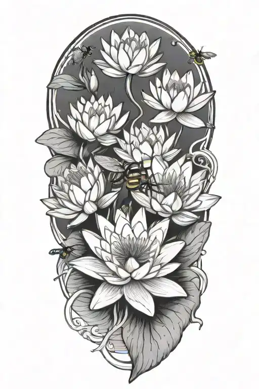 Water Lily Flowers With Bee Flying