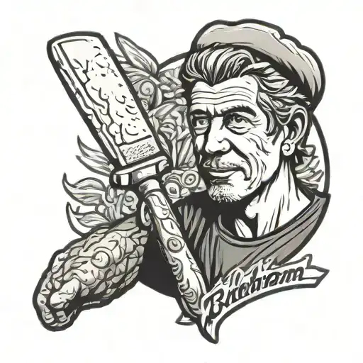 Remmy Holding Chef Knife In The Style Of Anthony Bourdain Logo