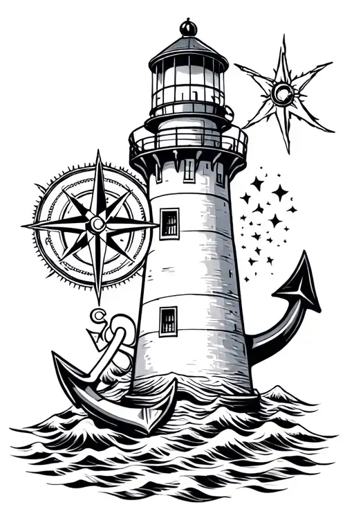 Lighthouse And Anchor And Compass Rose Tatoo Design