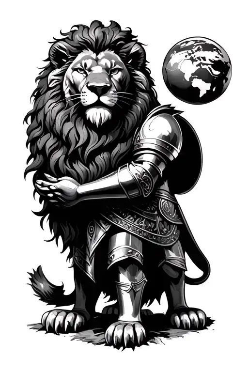 A Lion Wearing An Roman Armor Holding The World In His Hands